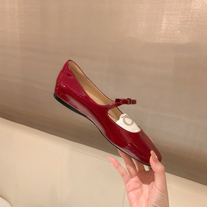 酒红漆皮方头法式芭蕾单鞋女秋复古蝴蝶结小香风玛丽珍赫本风皮鞋
