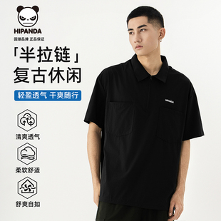 宽松休闲短袖 夏季 PANDA你好熊猫男士 半拉链翻领运动上衣 Polo衫