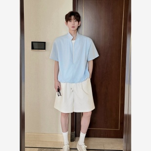 HN26ss/【假两件套装】夏季纯棉翻立领短袖T恤男百搭设计款两件套