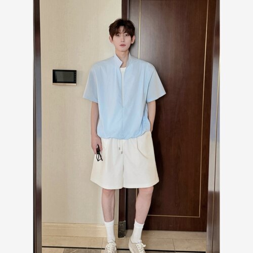 HN26ss/【假两件套装】夏季纯棉翻立领短袖T恤男百搭设计款两件套