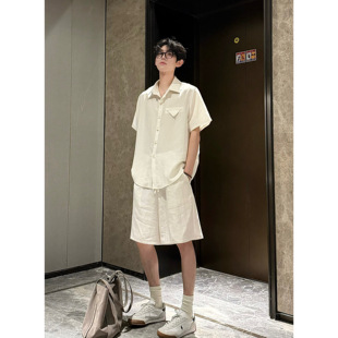 HN潮牌【莱赛尔天丝】夏季薄款亚麻混纺透气衬衫短袖套装两件套男
