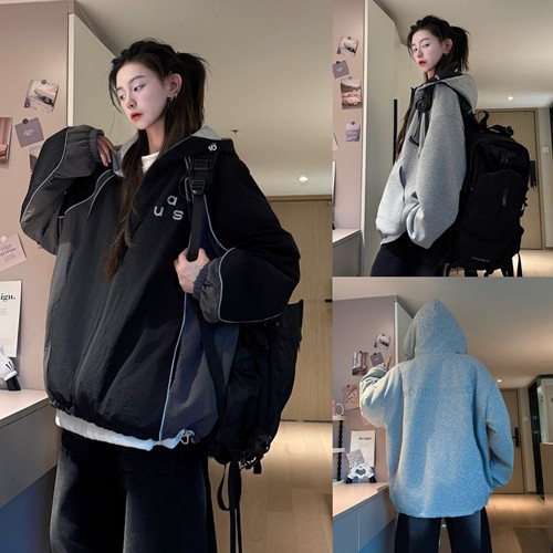 HN潮牌-【双面穿】秋季连帽撞色反光条夹克男百搭两面穿卫衣外套