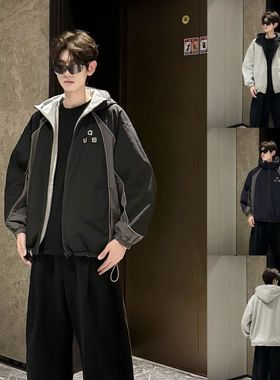 HN潮牌-【双面穿】秋季连帽撞色反光条夹克男百搭两面穿卫衣外套