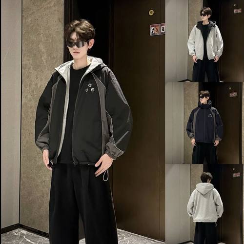 HN潮牌-【双面穿】秋季连帽撞色反光条夹克男百搭两面穿卫衣外套
