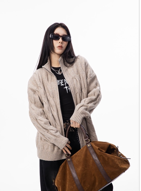 HSNH【加厚针织羊毛衫】秋冬立领麻花针织开衫复古男生毛衣外套女