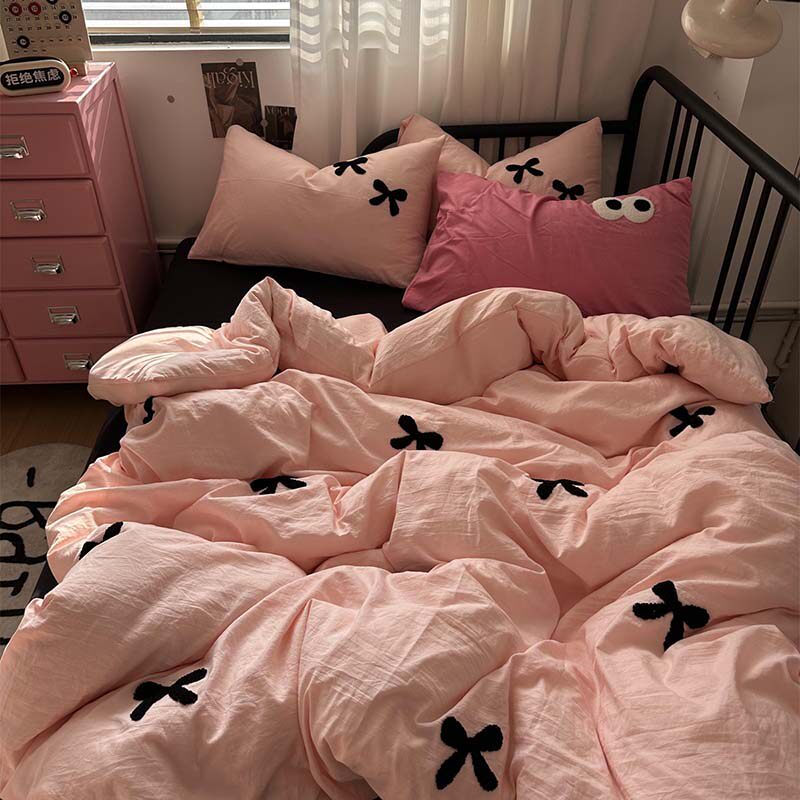 ins日式简约软糯水洗棉毛巾绣四件套纯色被套床单人学生三件床品4