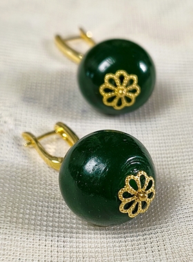 70年代库存老琉璃20mm耳坠墨绿色大珠子耳饰中古风新中式百搭
