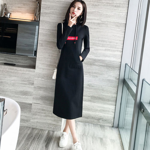 2025春秋装新款中长款卫衣裙女气质休闲宽松显瘦长袖连帽连衣裙 - 封面