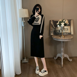 2024秋冬装新款长袖假两件休闲卫衣女时尚气质宽松显瘦中长连衣裙