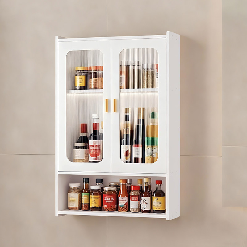 厨房调料置物架壁挂式收纳柜免打孔调料瓶储物带门多功能墙上壁柜