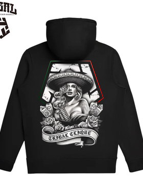 TRIBAL美式嘻哈涂鸦连帽加绒卫衣街舞滑板复古女郎玫瑰印花宽松