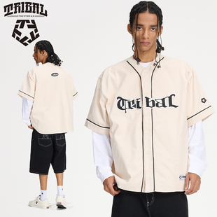 TRIBAL美式嘻哈棒球服上衣男街舞滑板风涂鸦刺绣短袖街头oversize