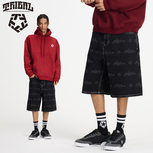 复古街头风男 街舞滑板五分裤 TRIBAL美式 嘻哈涂鸦暗花满印牛仔短裤