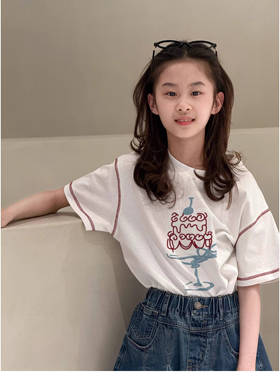 波拉borabora韩国童装女童明线印花短袖T恤26夏季JASPER半袖上衣