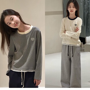 波拉bora韩国童装女童蕾丝边长袖T恤2026春装JASPER圆领撞色上衣