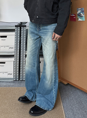TNMK经典蓝色水洗复古做旧微喇叭牛仔裤男女宽松直筒垂坠阔腿长裤