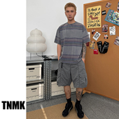 TNMK 上衣 圆领做旧T恤男女半袖 夏季 复古重磅水洗条纹日系宽松短袖