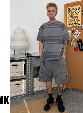 TNMK 夏季复古重磅水洗条纹日系宽松短袖圆领做旧T恤男女半袖上衣