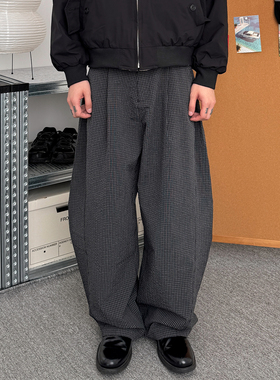 TNMK美式黑色格子弯刀休闲裤男女宽松显瘦直筒廓形潮立体阔腿长裤