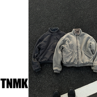 TNMK加绒加厚外套人造安哥拉兔毛内里落肩廓形水钻拉链卫衣短外套