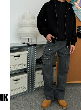 TNMK高街碳磨水洗多口袋工装直筒长裤cleanfit微喇叭重磅牛仔裤男