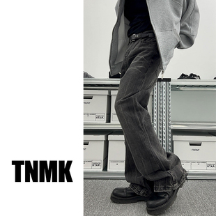 阔腿重磅巴黎家牛仔裤 TNMK 子男款 水洗做旧宽松直筒黑色裤 潮 美式