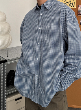 TNMK美式复古蓝色小格子翻领长袖春秋中性简约衬衫通勤宽松衬衣潮