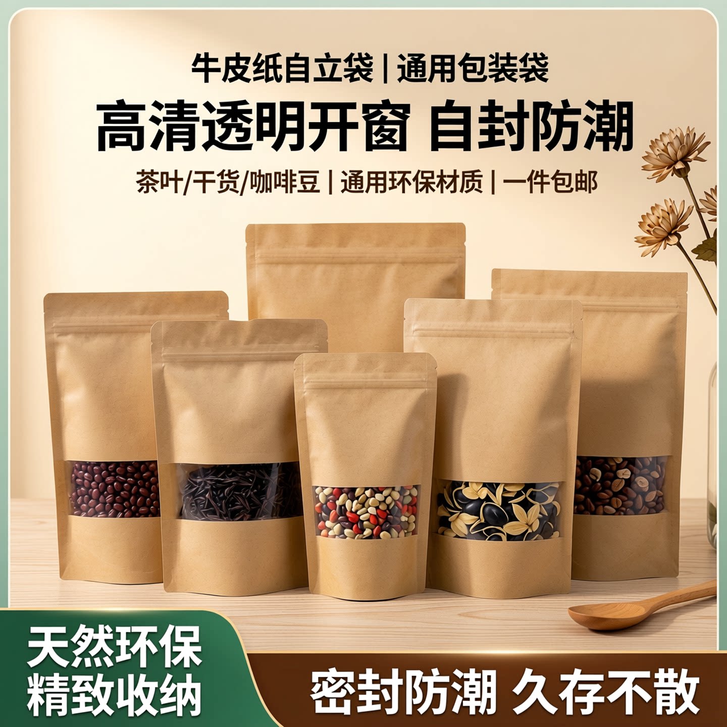 牛皮纸袋高清透明开窗自立袋自封袋通用包装袋茶叶纸袋1件包邮