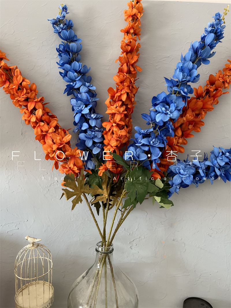 超长大飞燕仿真花千代兰紫罗兰婚礼挑高线条花艺梵高色彩搭配宝蓝