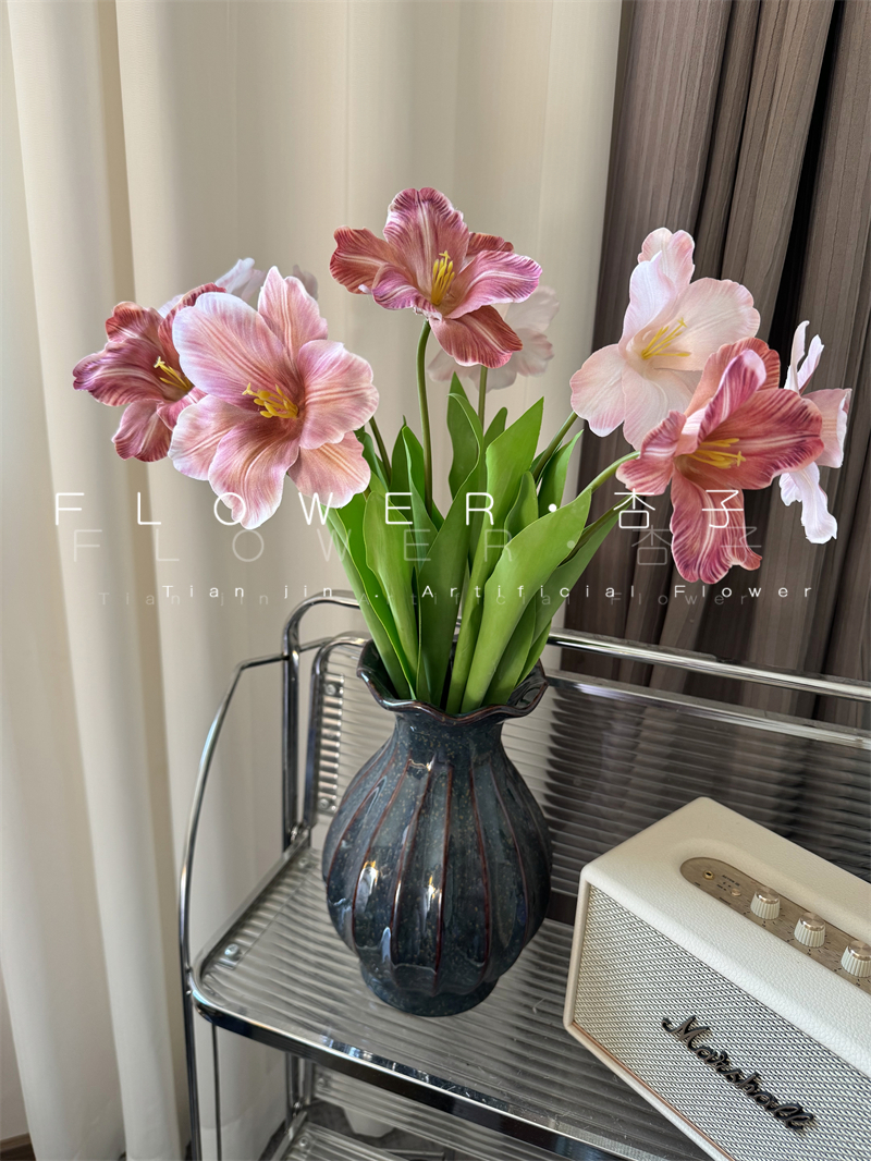 布朗尼郁金香仿真花高级墨尔本午夜蓝花束搭配杏粉样板间软装摆件