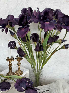 古董油画风灰色调深蓝色德国鸢尾仿真花爱丽丝现代花艺客厅摆件