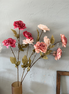 粉红色3头蔷薇仿真花克莱因蓝烤边奥斯汀玫瑰婚庆花排插花家居摆