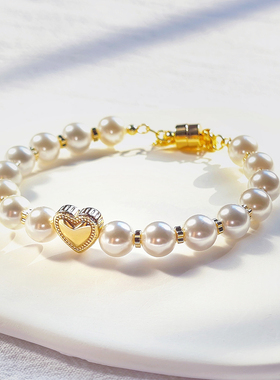 原创女珍珠金小众爱心手链礼物