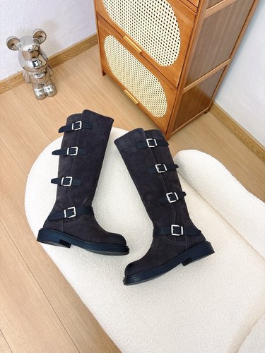 欧货磨砂真皮高筒靴2025年秋冬新款平底尖头皮带扣骑士靴真皮女靴