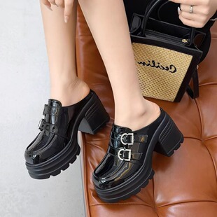 厚底增高乐福鞋女2026年春夏新款百搭真皮黑色小皮鞋英伦漆皮半拖