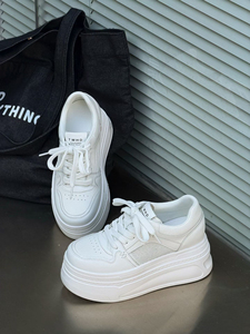 2026春夏真皮厚底内增高休闲运动鞋女百搭系带小白鞋板鞋网透女鞋