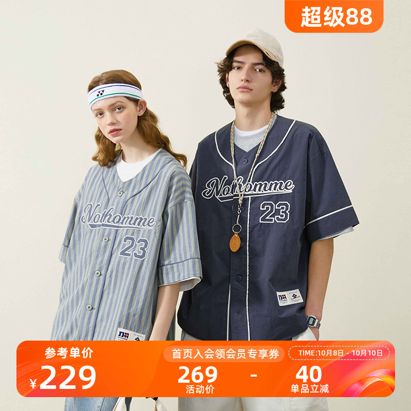 NOTHOMME 贴布绣潮牌夏季复古休闲学院风短袖条纹全棉棒球衬衫男