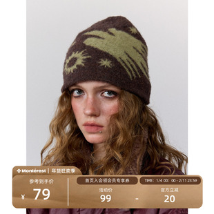 瞬时山野Monterest复古提花图案刺绣logo拉毛针织冷帽保暖毛线帽