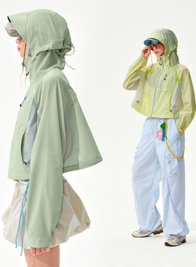 瞬时山野Monterest户外C6防泼水撞色拼接连帽防晒服短款防晒衣女