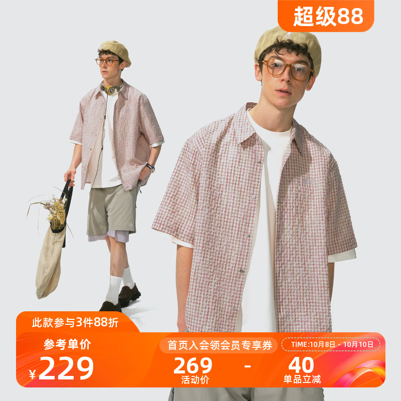 Monterest宽松翻领格纹短袖衬衫