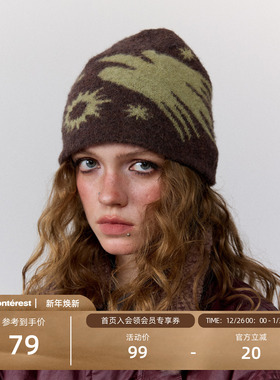 瞬时山野Monterest复古提花图案刺绣logo拉毛针织冷帽保暖毛线帽