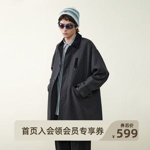 NOTHOMME重磅650g山系户外50%绵羊毛灯芯绒拼接呢大衣中长款风衣