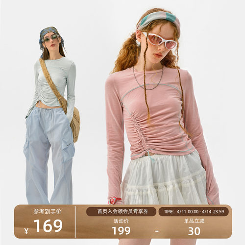 瞬时山野Monterest户外5A抗菌羊毛混纺打底抽褶修身长袖圆领T恤女