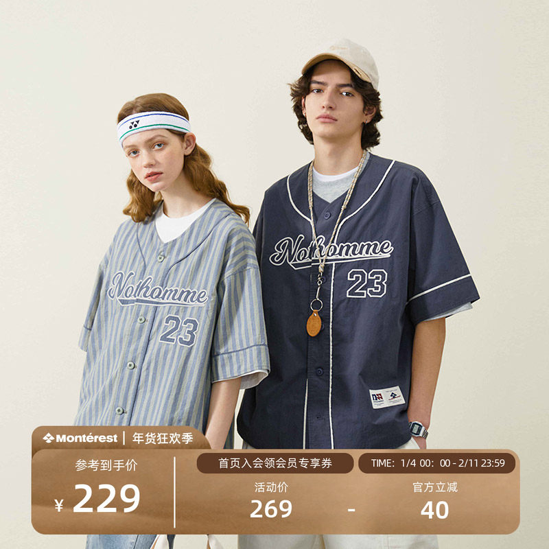 NOTHOMME 贴布绣潮牌夏季复古休闲学院风短袖条纹全棉棒球衬衫男