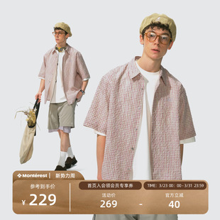 瞬时山野Monterest户外翻领logo绣花泡泡纱格纹贝壳扣短袖 男 衬衫
