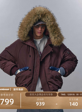 瞬时山野Monterest户外防风N2B可拆卸仿毛领短款宽松工装羽绒服男