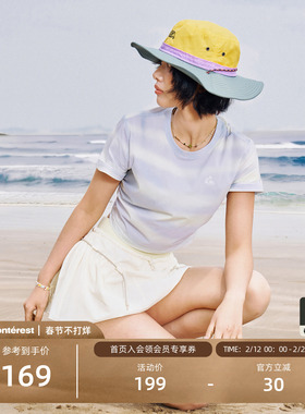 Monterest X Quiksilver联名 抽褶晕染条纹印花宽松圆领短袖T恤女