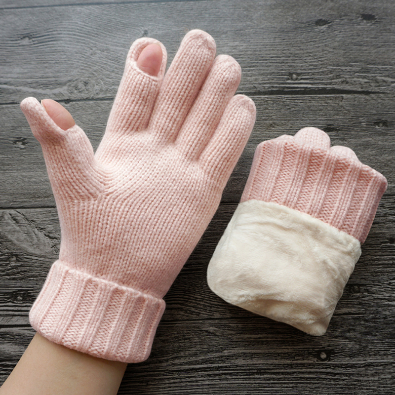 欧伊莱米秋冬天女纯羊毛毛线双层加绒露翻指触屏户外保暖骑行手套