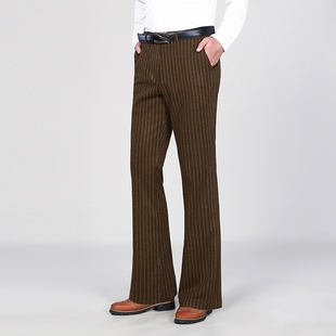 青年休闲保暖大脚男裤 冬季 加厚阔腿西裤 男商务修身 弹力条纹喇叭裤