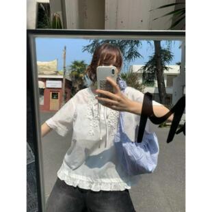 WaitDiary 2026韩系设计感木耳边拼接衬衫宽松百搭短袖T恤女T9717